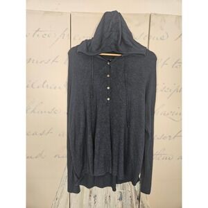 Eileen Fisher Navy Blue Viscose Blend Hooded Henley Knit Sweater Womens Large